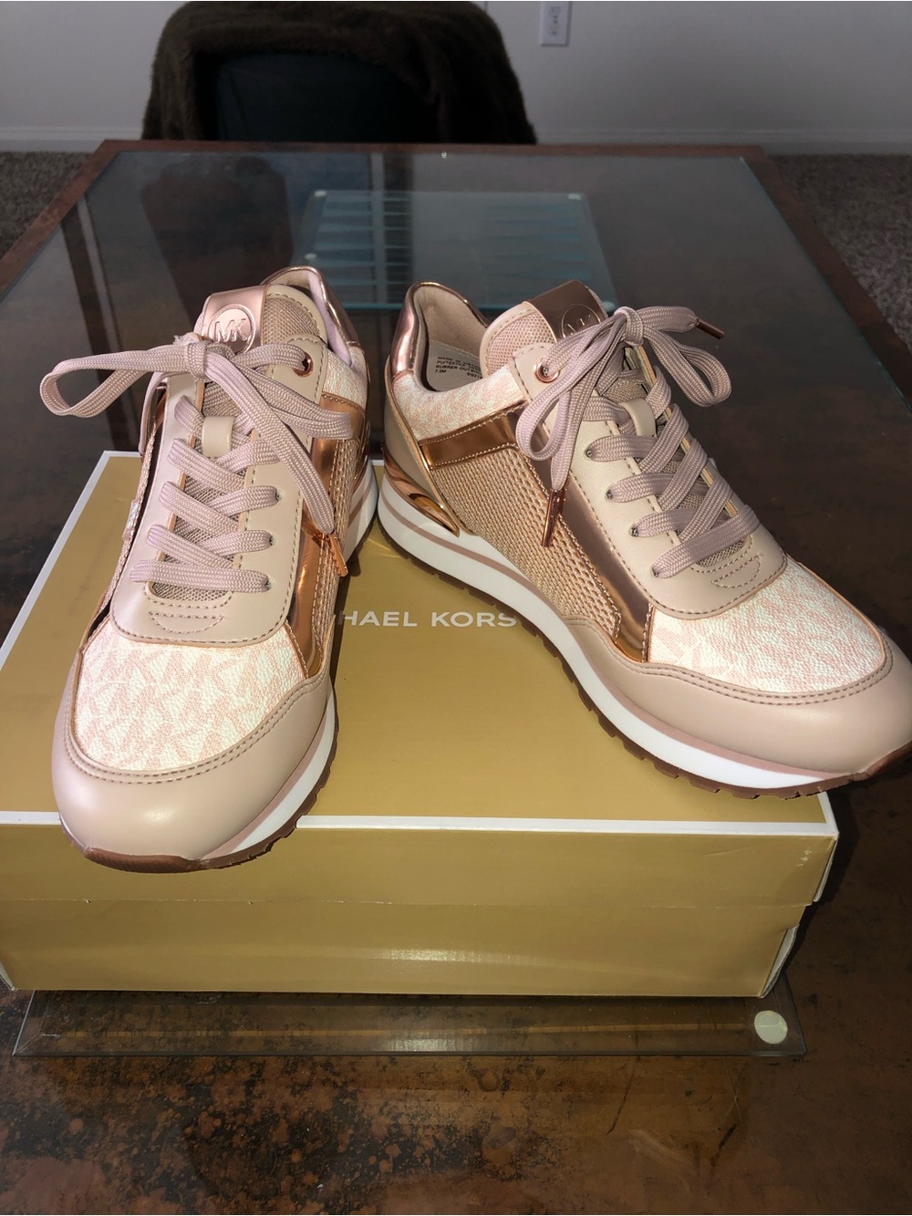Michael Kors Pink and Rose Gold Mixed-Media Lace-Up Sneakers